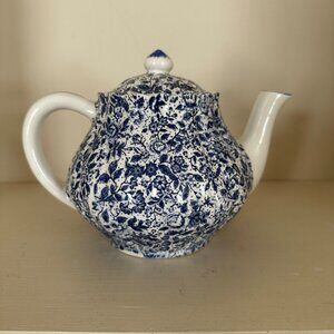 Vintage Blue & White Floral Ceramic Teapot With Lid - 7" Tall